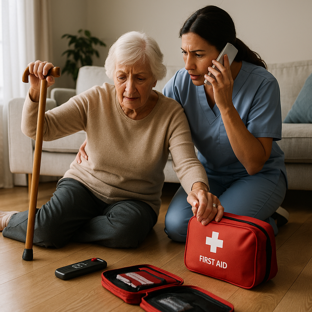 Older adult, family member, and caregiver reviewing a weekly pill organiser together.