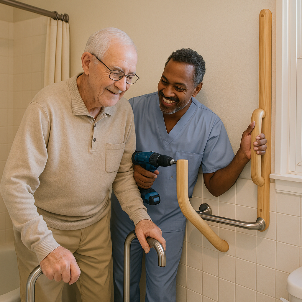 Older adult, family member, and caregiver reviewing a weekly pill organiser together.