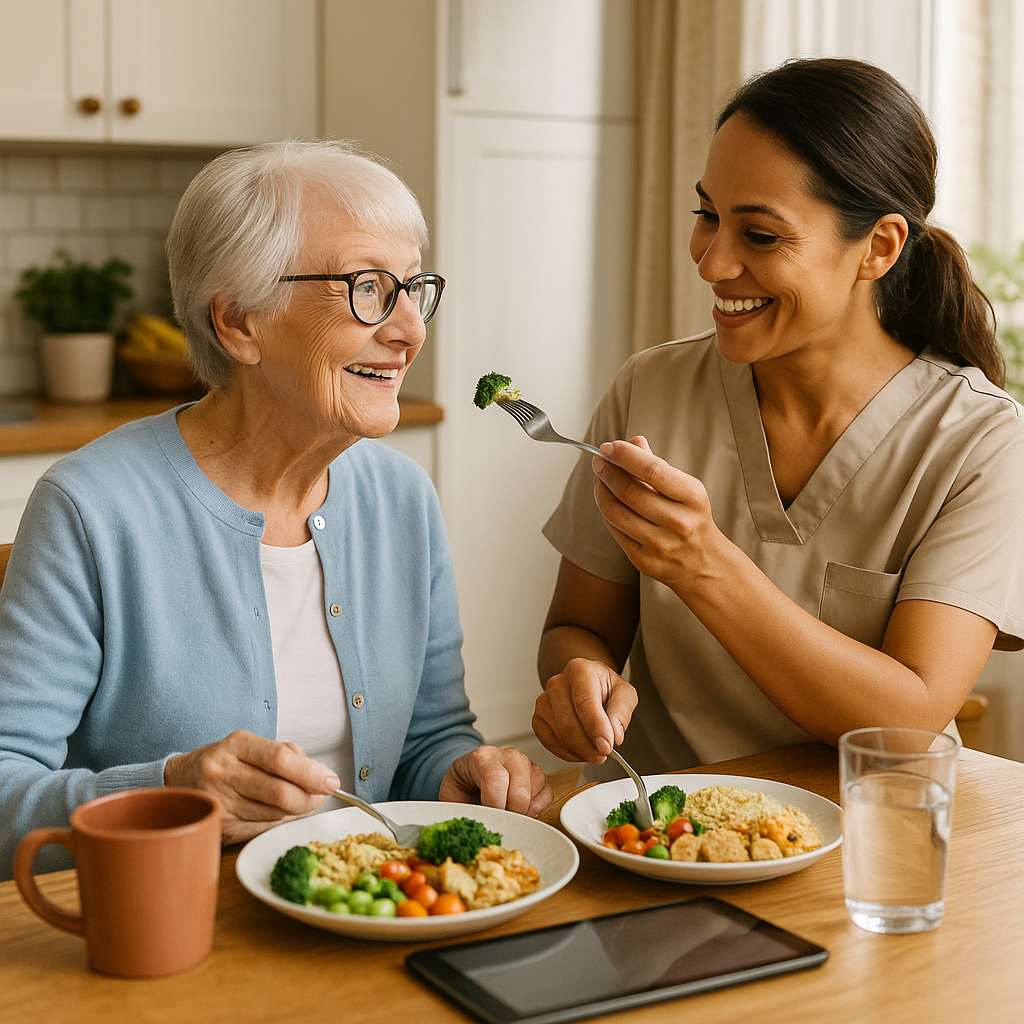 Older adult, family member, and caregiver reviewing a weekly pill organiser together.