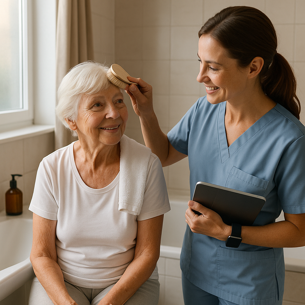 Older adult, family member, and caregiver reviewing a weekly pill organiser together.