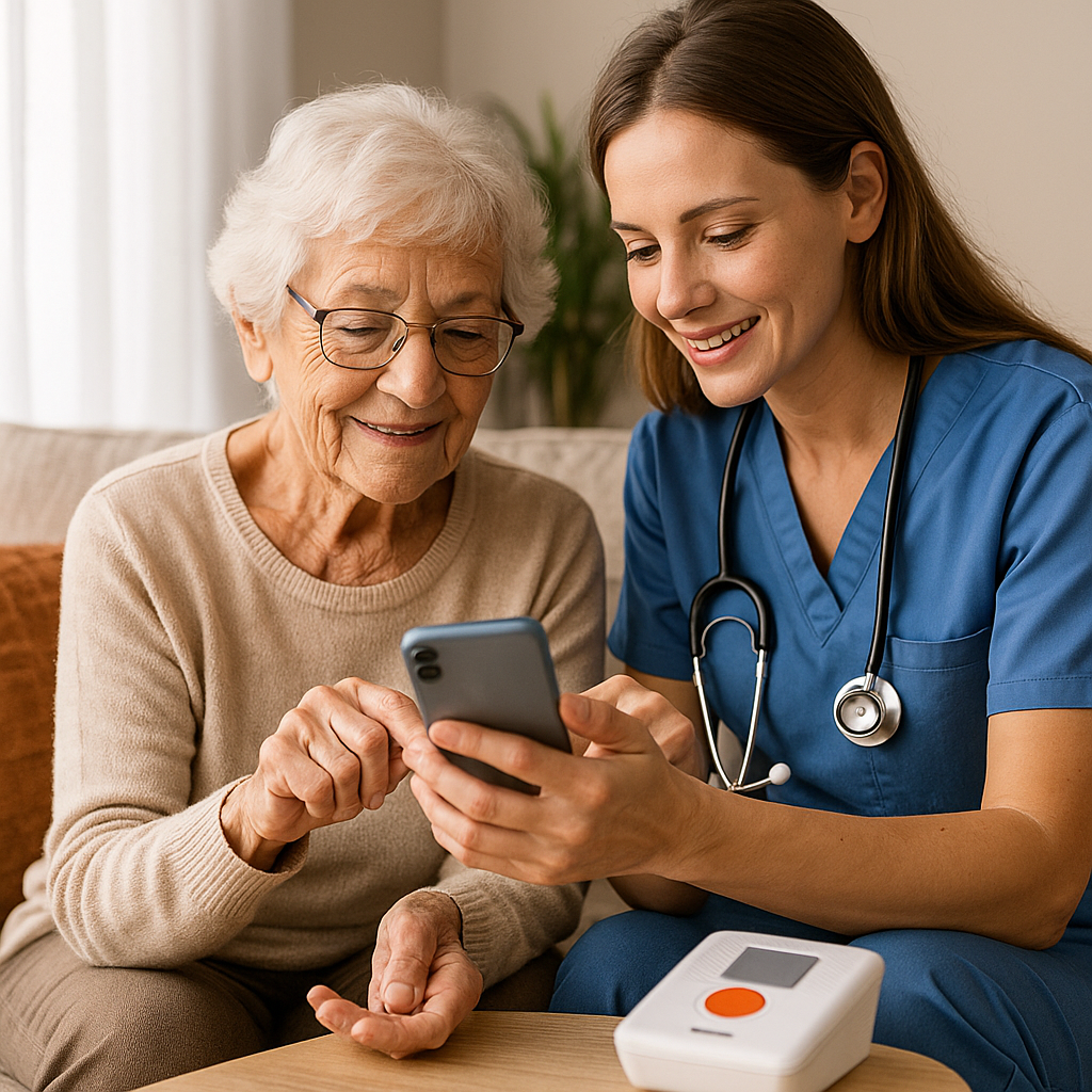 Older adult, family member, and caregiver reviewing a weekly pill organiser together.